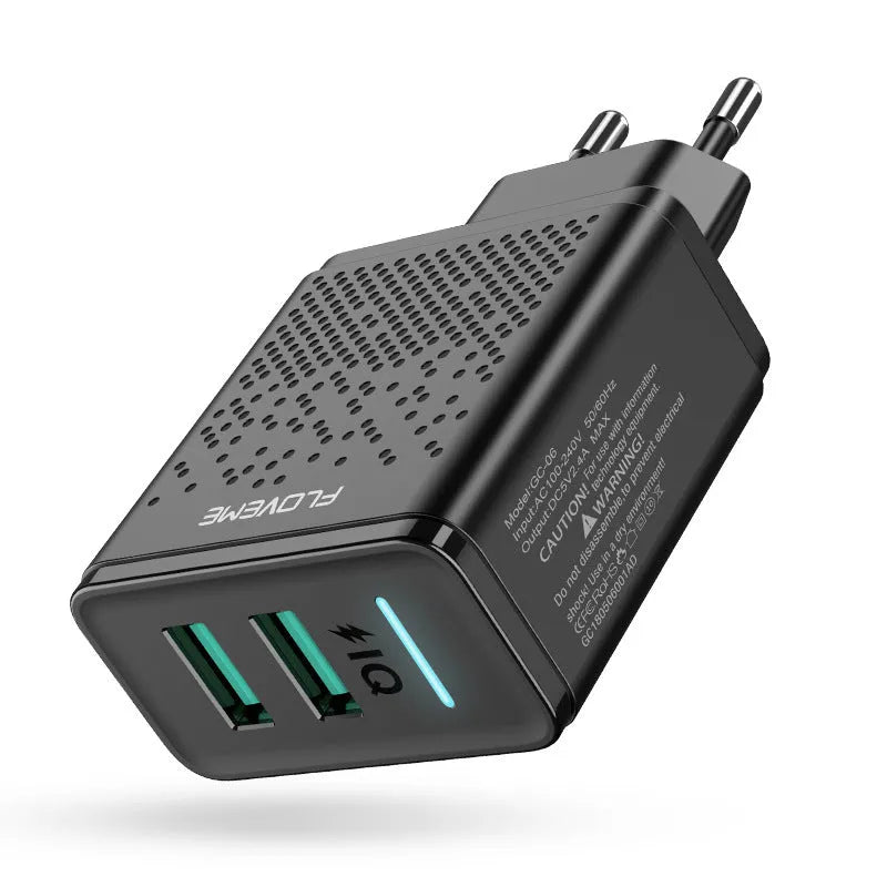 Black dual USB charger with EU standard plug for 100V systems
