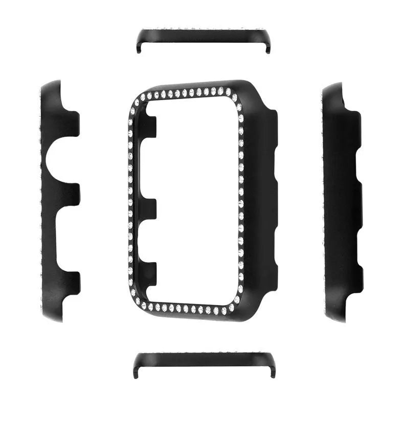 Aluminium alloy protective case with diamond detail for Apple Watch in silver, black, rose gold, rose pink, and gold.