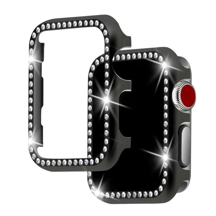 Aluminium alloy protective case with diamond detail for Apple Watch in silver, black, rose gold, rose pink, and gold.