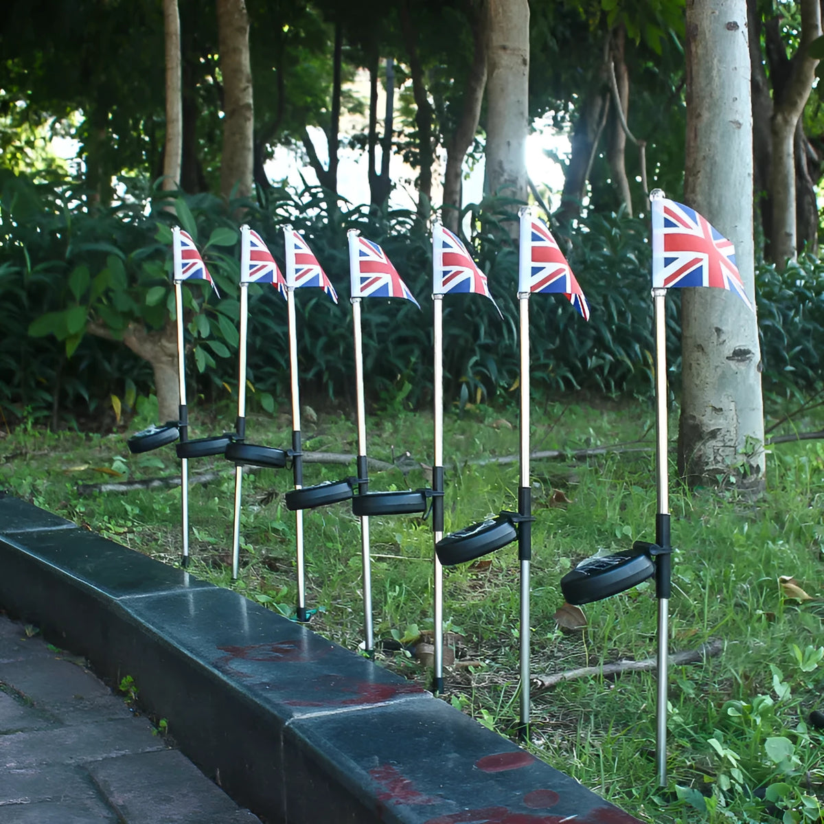 Solar garden flag light showing American or British flag design with stainless steel and plastic construction.