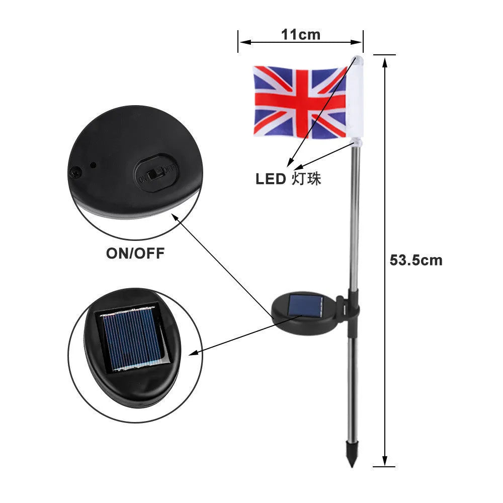 Solar garden flag light showing American or British flag design with stainless steel and plastic construction.