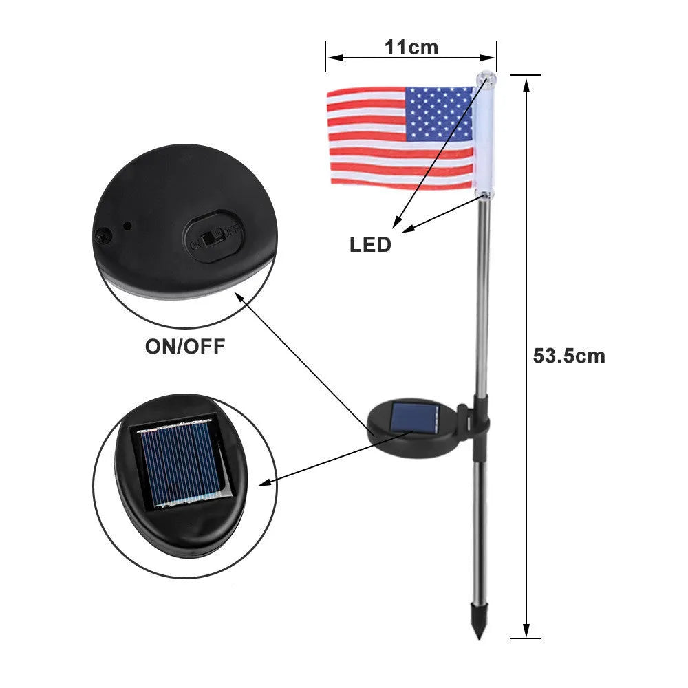 Solar garden flag light showing American or British flag design with stainless steel and plastic construction.