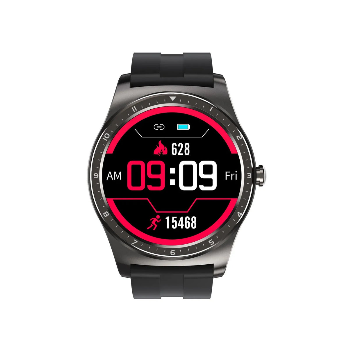 Full circle touch screen smart watch for heart rate, blood pressure, and sleep monitoring on a silicone strap.