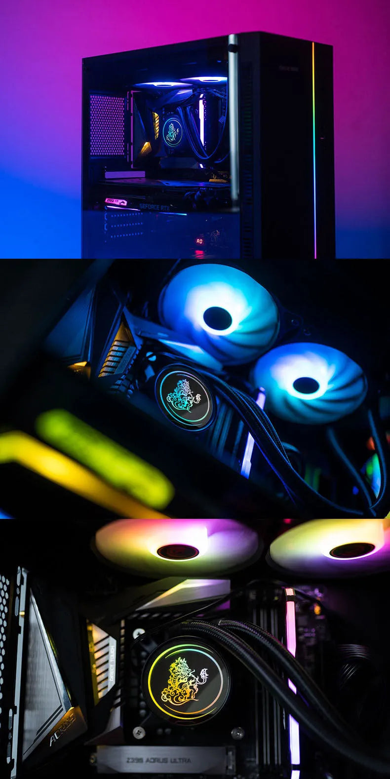 Kirin 240mm CPU water cooling radiator with colourful ARGB fan and copper-aluminium fins
