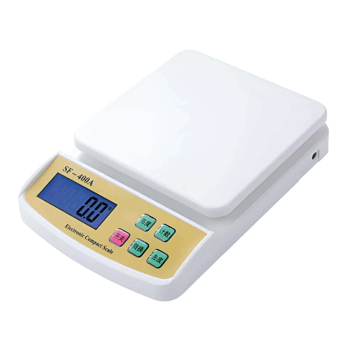 SF-400A black electronic kitchen scale with digital display on a kitchen worktop.