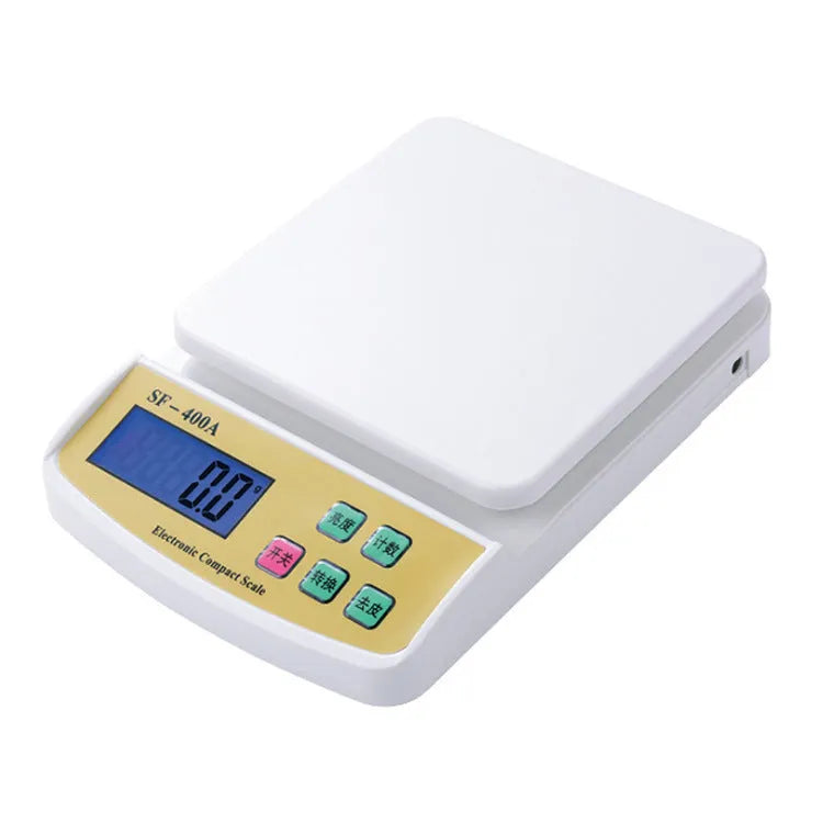 SF-400A black electronic kitchen scale with digital display on a kitchen worktop.