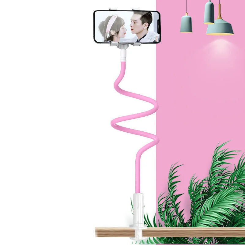 Blue flexible gooseneck mobile phone holder mounted on a bedside table