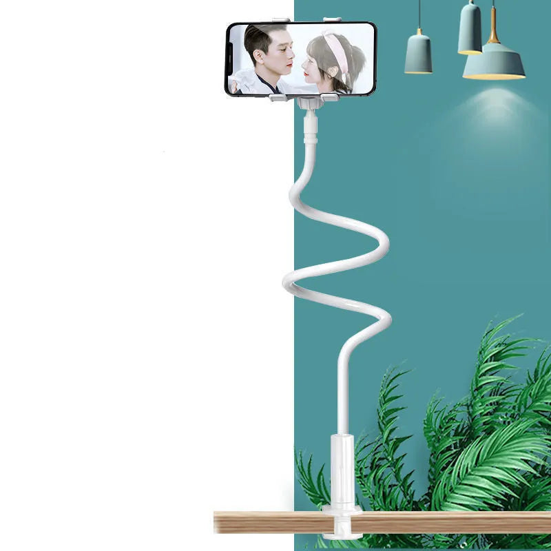Blue flexible gooseneck mobile phone holder mounted on a bedside table