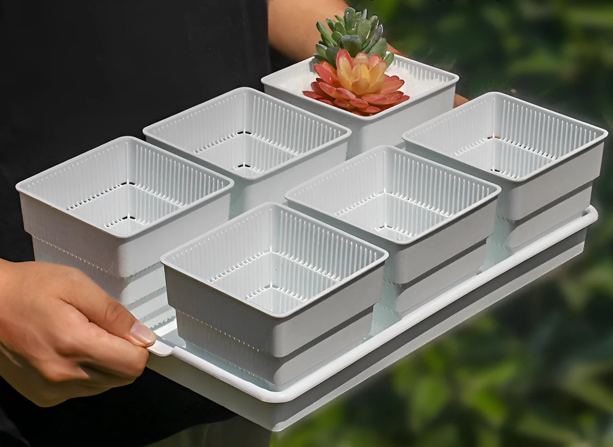 Meishi black and white resin succulent flower pot set with tray, 32cm bottom diameter