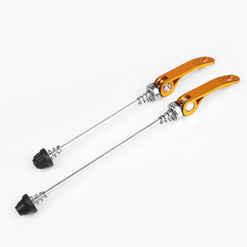 Bicycle quick release lever in silver with aluminium handle, galvanised iron rod, and PVC cap.