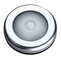 Round silver wireless motion sensor night light with battery operation for automatic LED illumination