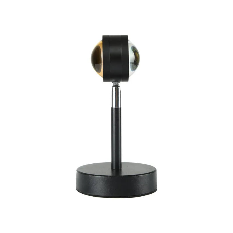 Black USB dual-head sunset rainbow projection lamp with touch switch showing 140mm x 240mm dimensions
