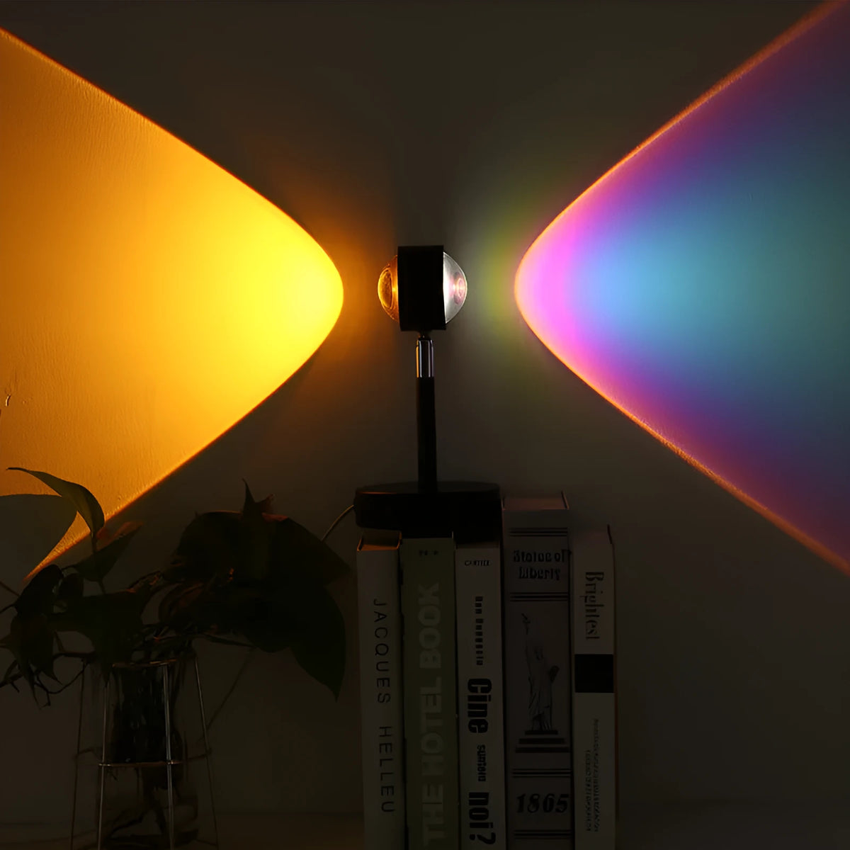 Black USB dual-head sunset rainbow projection lamp with touch switch showing 140mm x 240mm dimensions