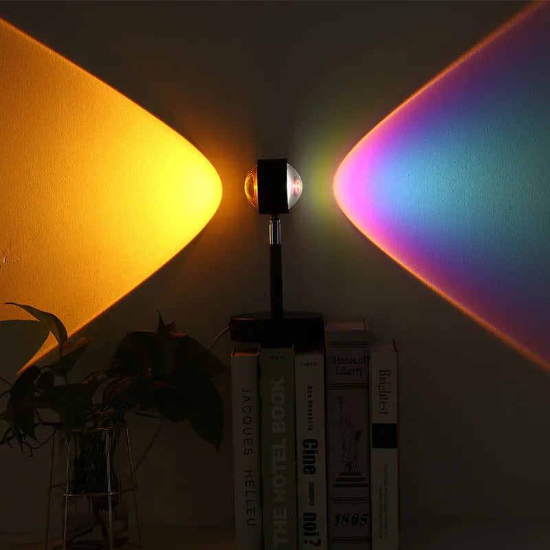 Black USB dual-head sunset rainbow projection lamp with touch switch showing 140mm x 240mm dimensions