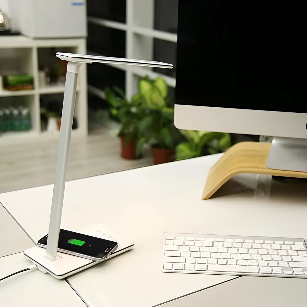 Wireless charging desk lamp with aluminium shade and touch controls in black or white colour