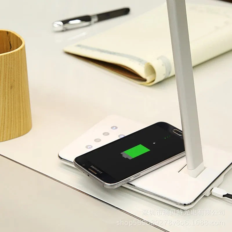 Wireless charging desk lamp with aluminium shade and touch controls in black or white colour