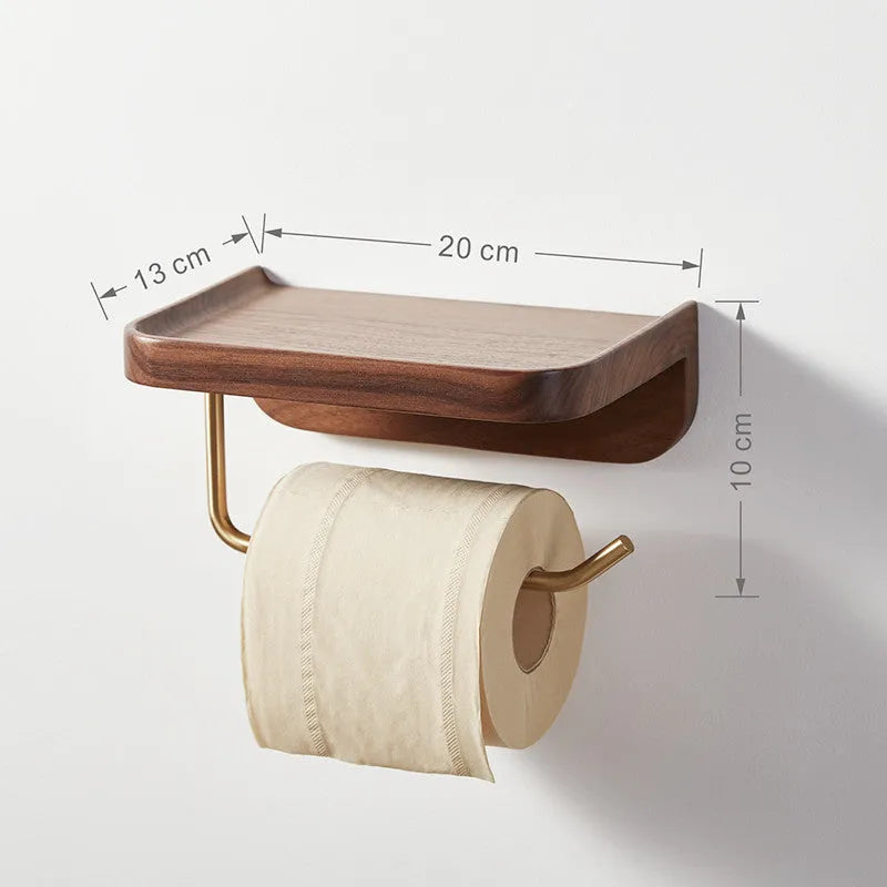 Solid walnut wood wall-mounted paper towel rack with brass fittings, wood colour finish