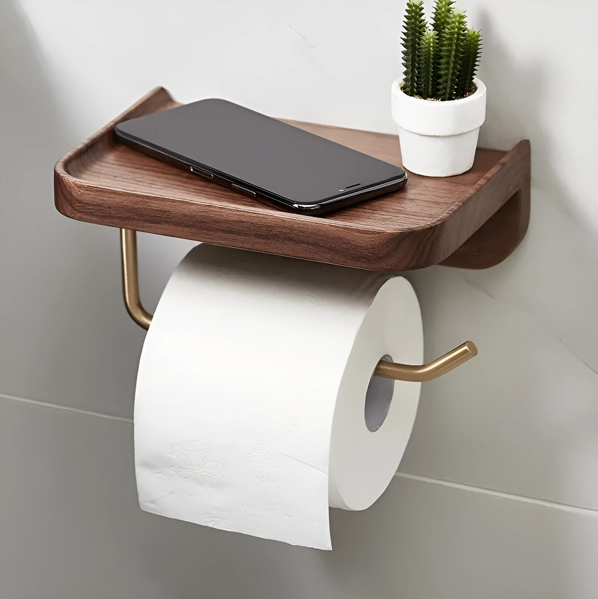 Solid walnut wood wall-mounted paper towel rack with brass fittings, wood colour finish