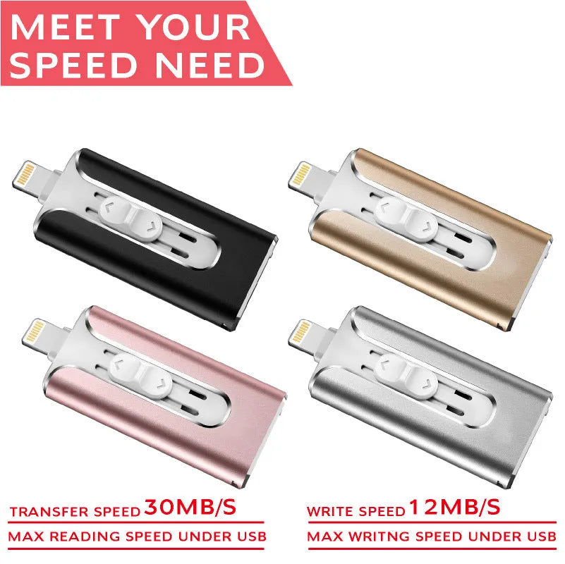 Metal three-in-one USB flash drive with Lightning and USB connectors in black, silver, gold, or rose gold