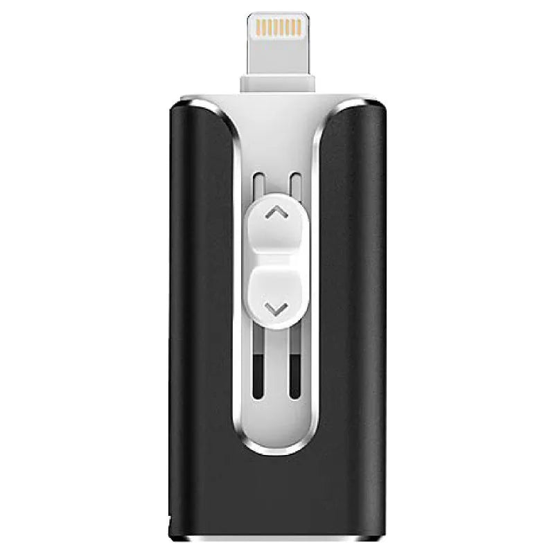Metal three-in-one USB flash drive with Lightning and USB connectors in black, silver, gold, or rose gold