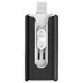 Metal three-in-one USB flash drive with Lightning and USB connectors in black, silver, gold, or rose gold