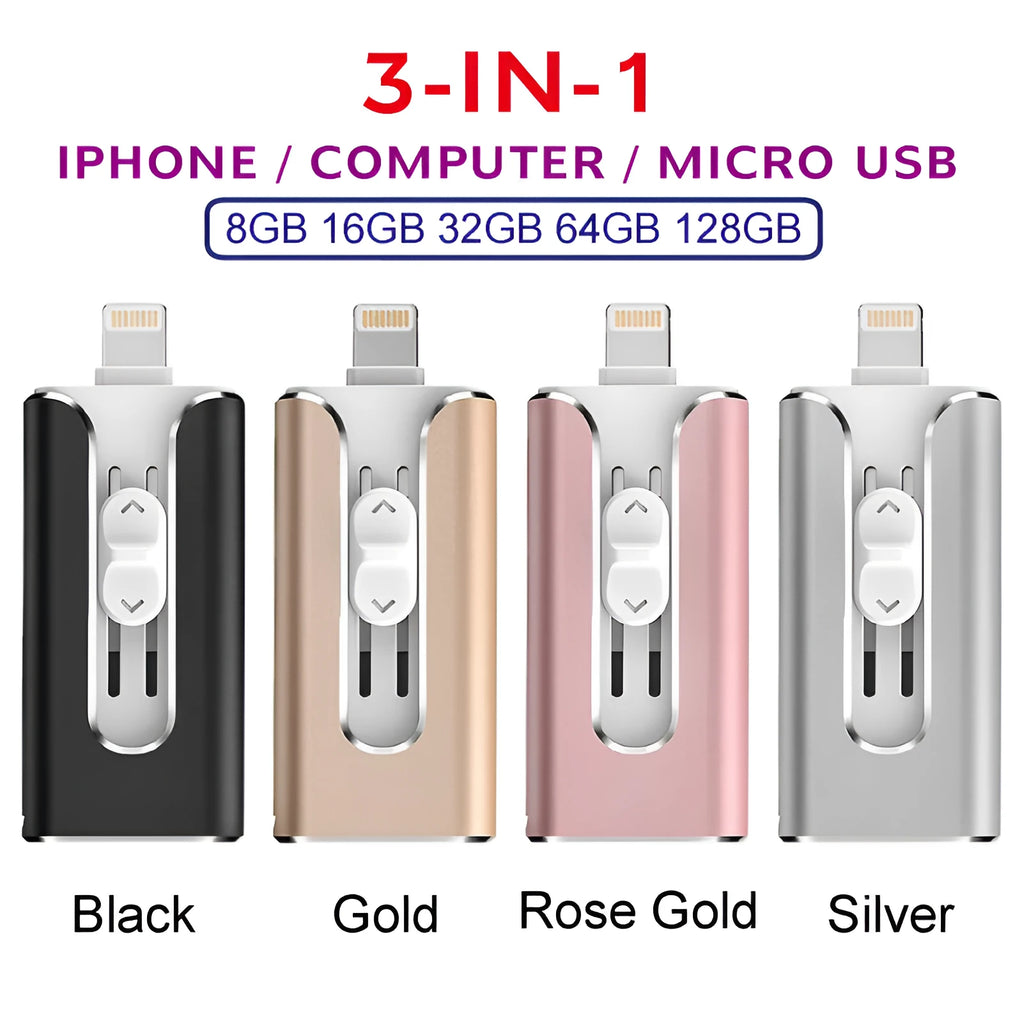 Metal three-in-one USB flash drive with Lightning and USB connectors in black, silver, gold, or rose gold