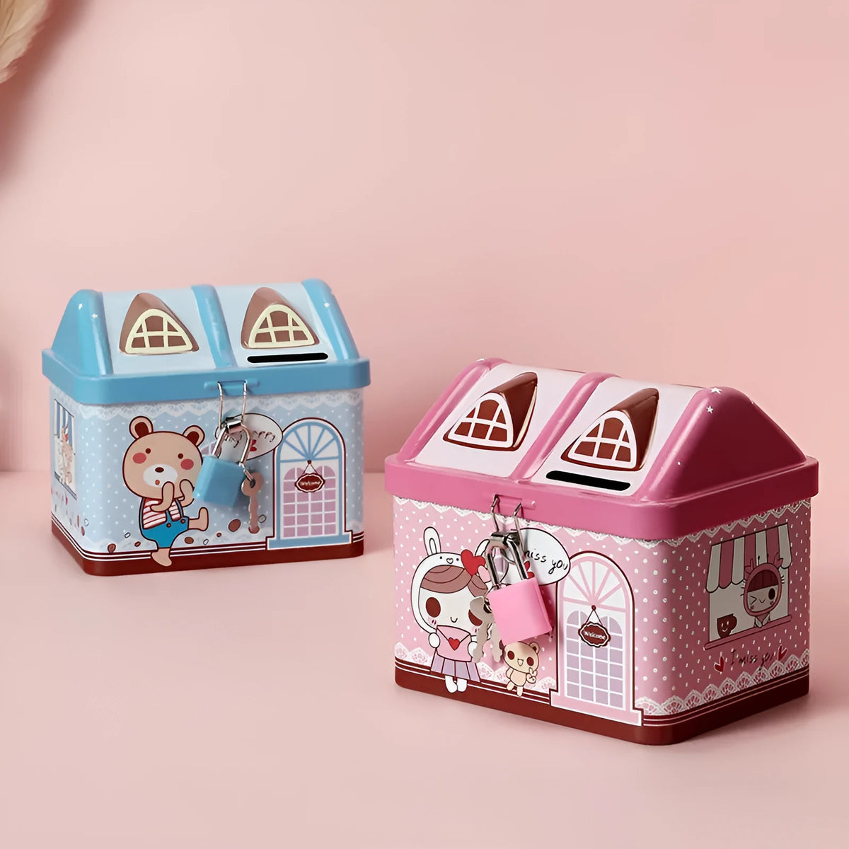 Blue or pink round house-shaped tinplate piggy bank with coin slot.
