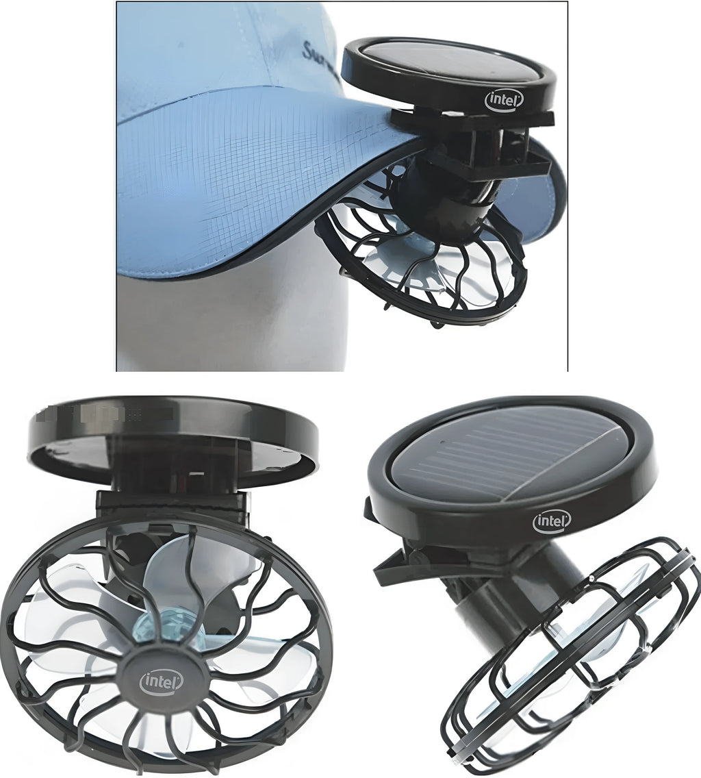 Black solar-powered clip-on fan panel for outdoor cooling with rectangular or round bottom options