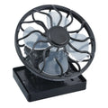 Black solar-powered clip-on fan panel for outdoor cooling with rectangular or round bottom options