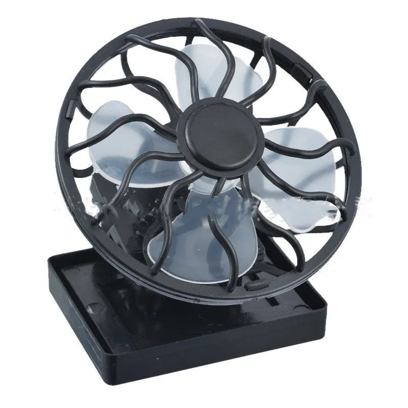 Black solar-powered clip-on fan panel for outdoor cooling with rectangular or round bottom options