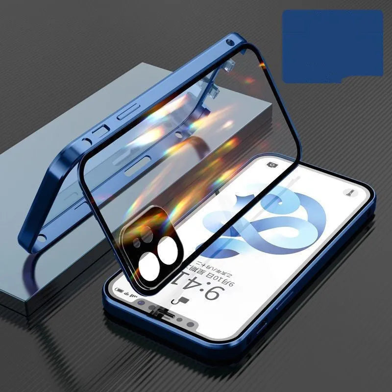Black aluminium and tempered glass magnetic bumper case for iPhone, shown from a side angle.