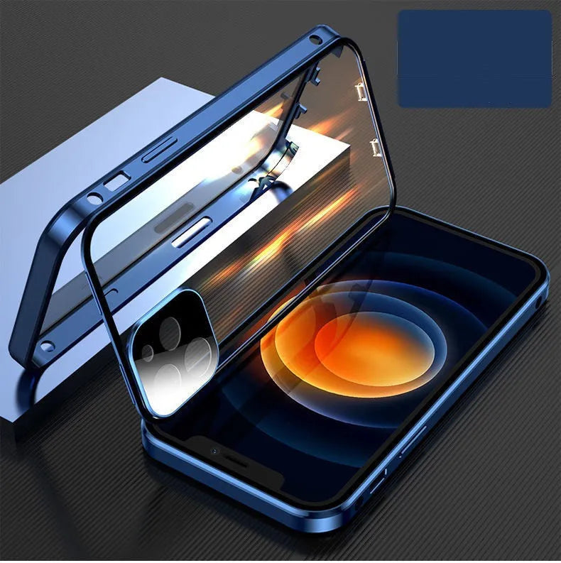 Black aluminium and tempered glass magnetic bumper case for iPhone, shown from a side angle.