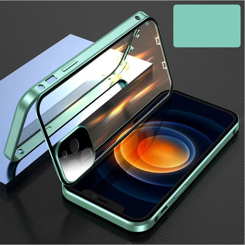 Black aluminium and tempered glass magnetic bumper case for iPhone, shown from a side angle.
