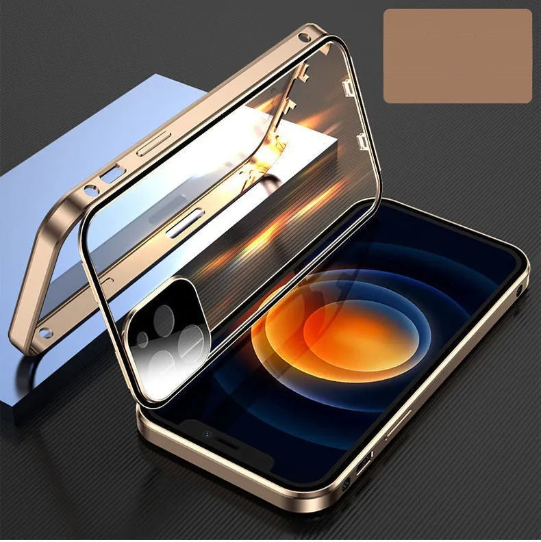 Black aluminium and tempered glass magnetic bumper case for iPhone, shown from a side angle.