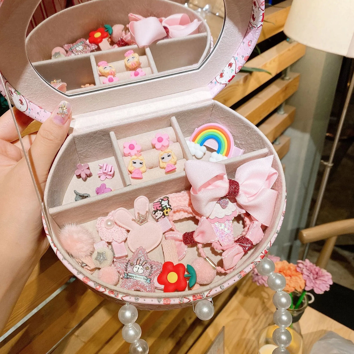 Children's princess headdress hair clip jewellery set with storage box containing 26 cartoon character clips
