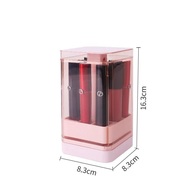 Pink and white desktop lipstick storage box with press-lift lid and clear dust cover.