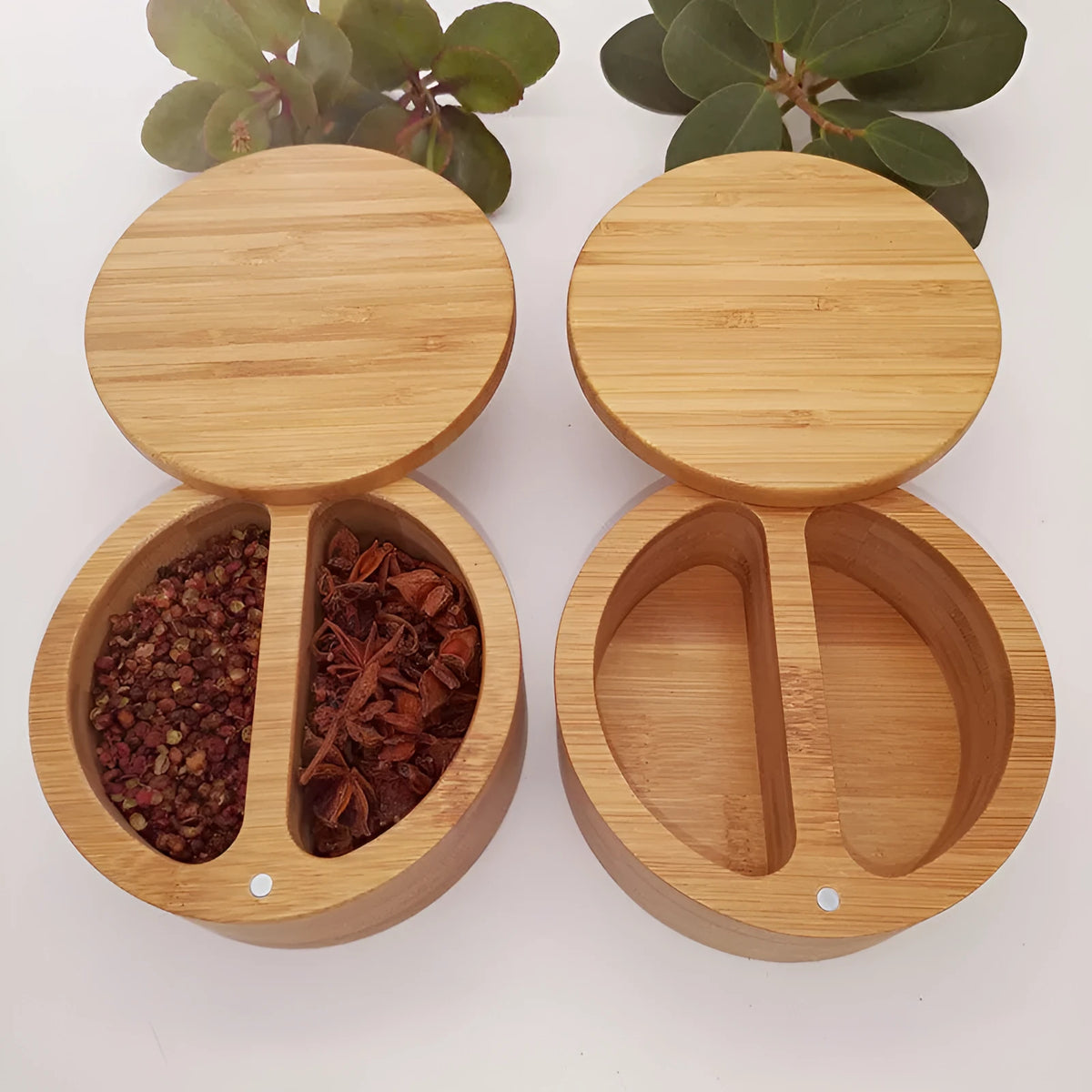 Bamboo seasoning box and spoon for kitchen spice storage.