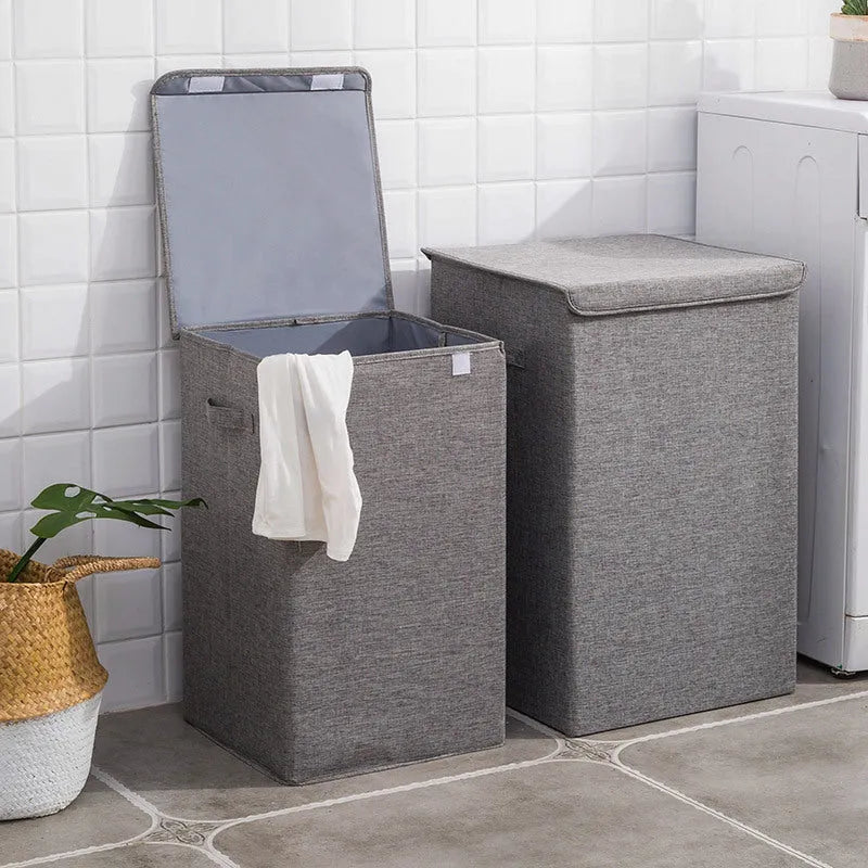 Washable covered clothes sorting box in cotton linen fabric with two size options for bathroom laundry storage