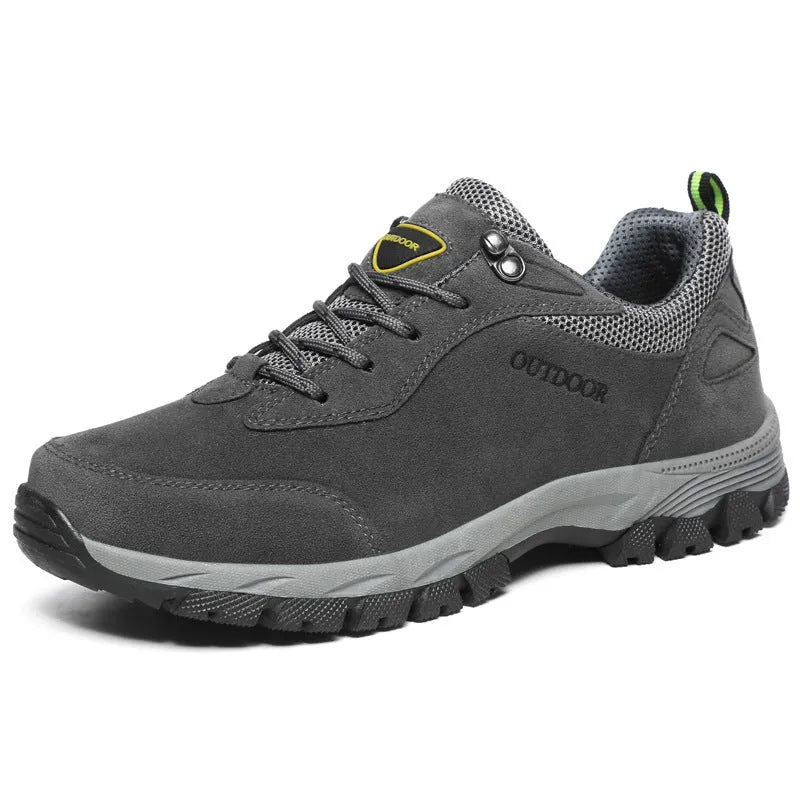 Men's low-top outdoor hiking shoes in Army Green, showing mesh lining and available in large sizes up to 49.