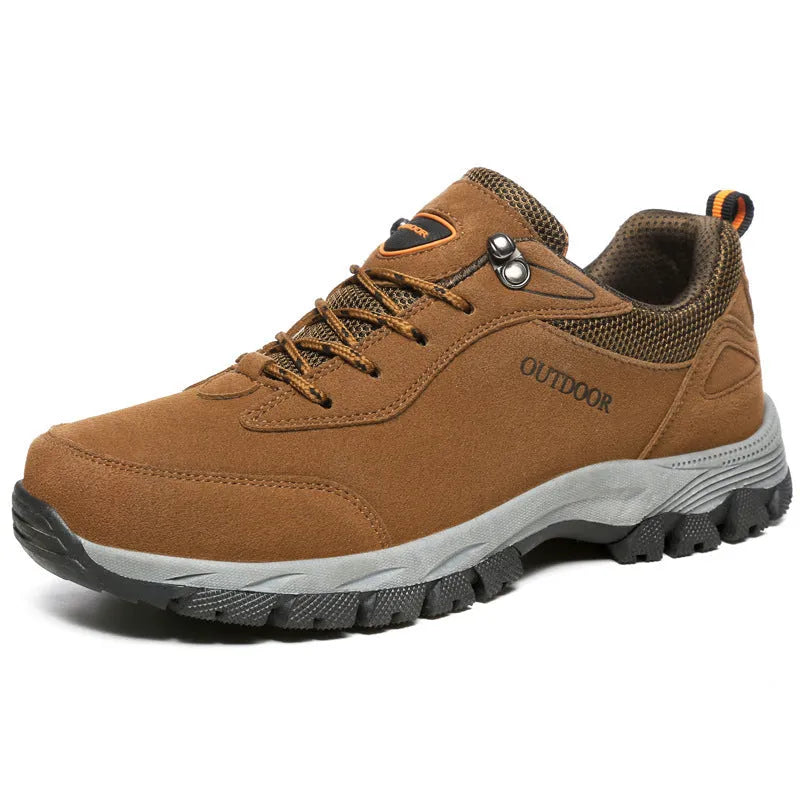 Men's low-top outdoor hiking shoes in Army Green, showing mesh lining and available in large sizes up to 49.