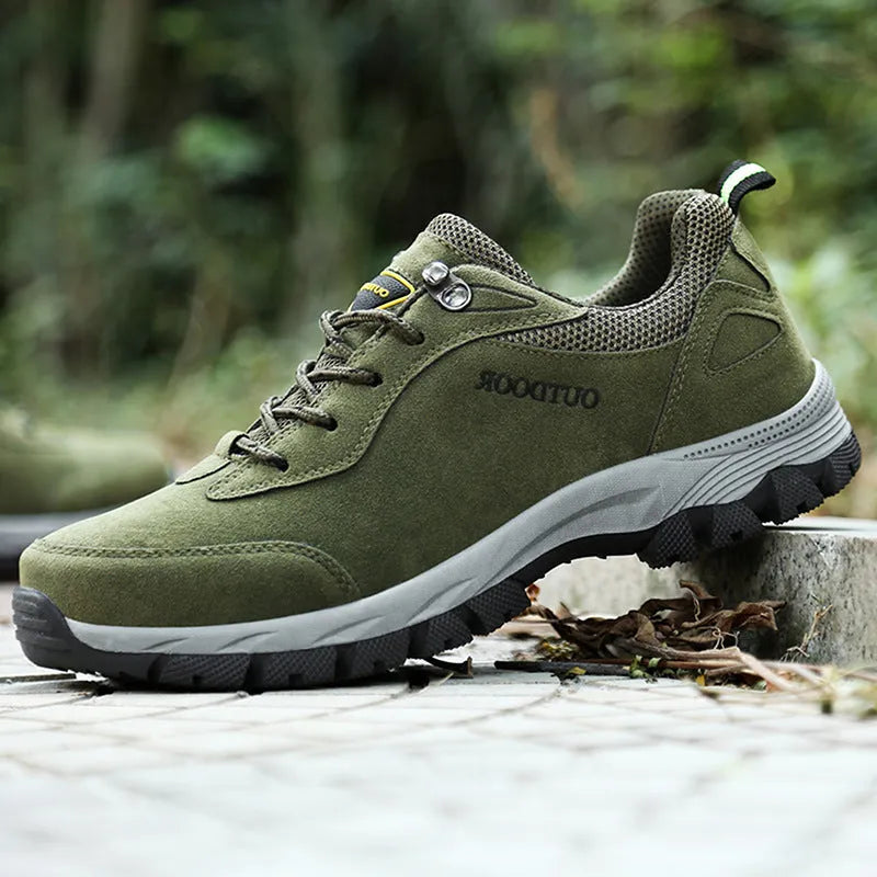 Men's low-top outdoor hiking shoes in Army Green, showing mesh lining and available in large sizes up to 49.