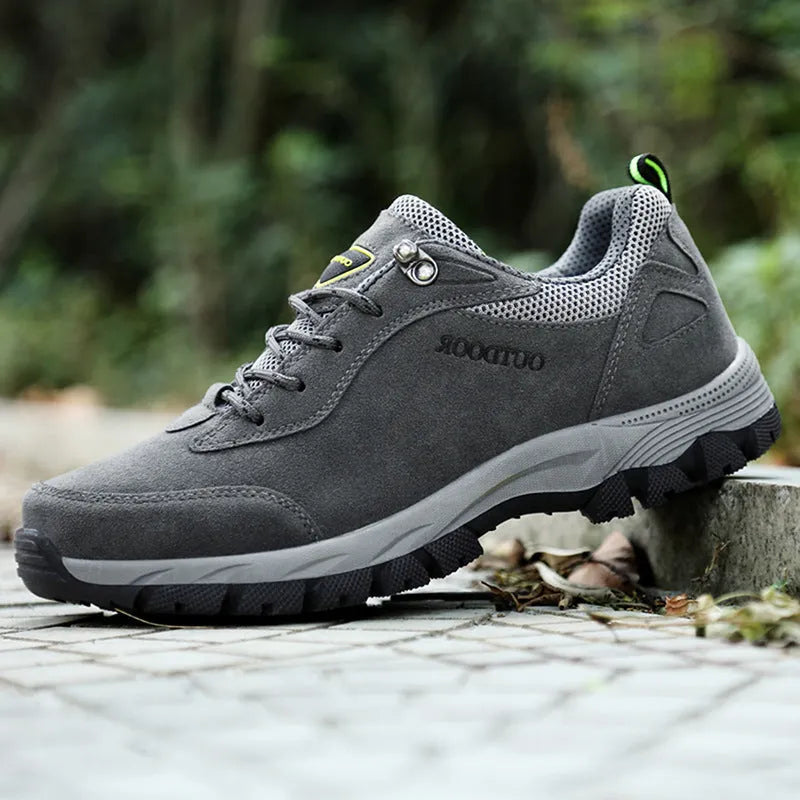 Men's low-top outdoor hiking shoes in Army Green, showing mesh lining and available in large sizes up to 49.