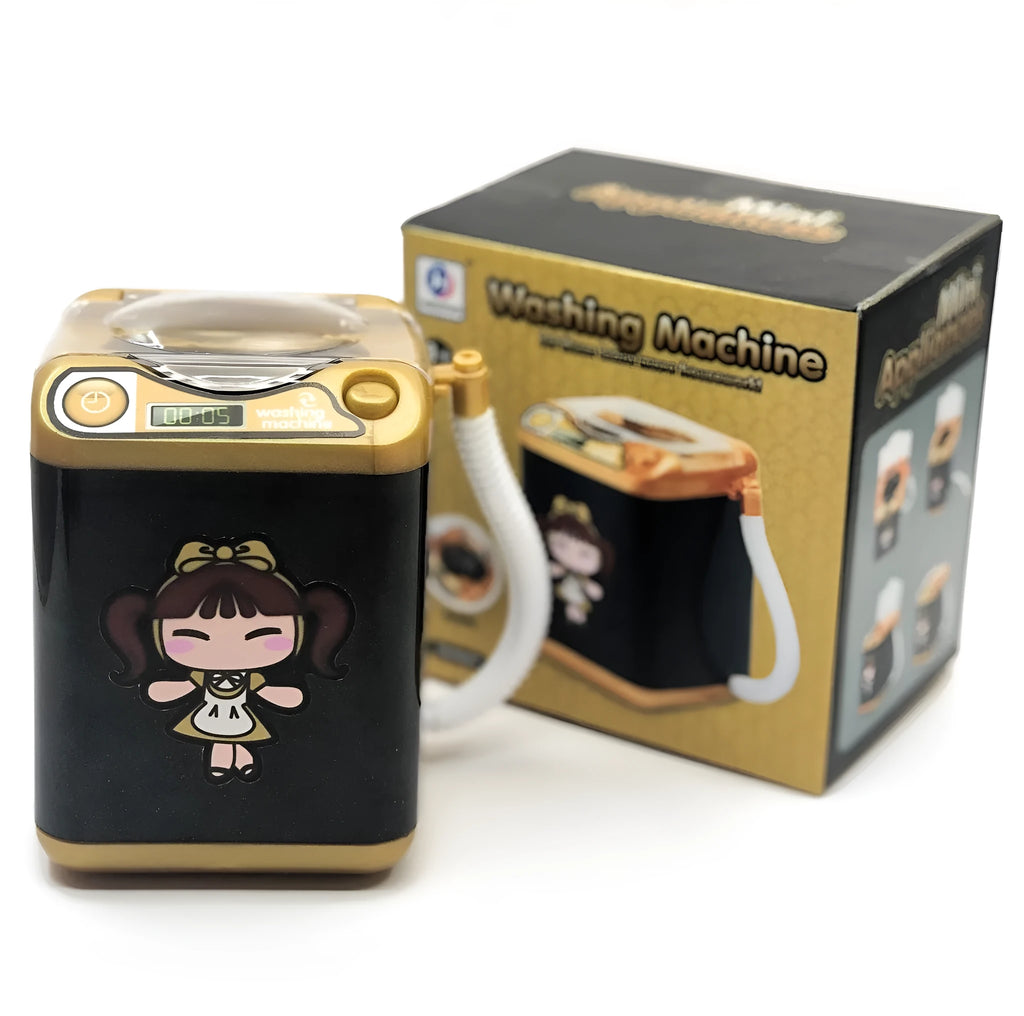 Mini electric puff washing machine toy in black gold or rose red, plastic simulation appliance for makeup brushes and socks