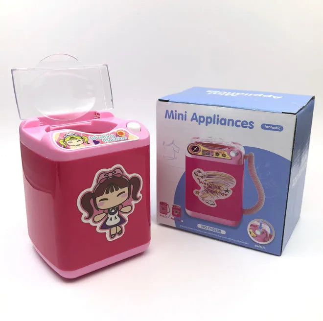 Mini electric puff washing machine toy in black gold or rose red, plastic simulation appliance for makeup brushes and socks
