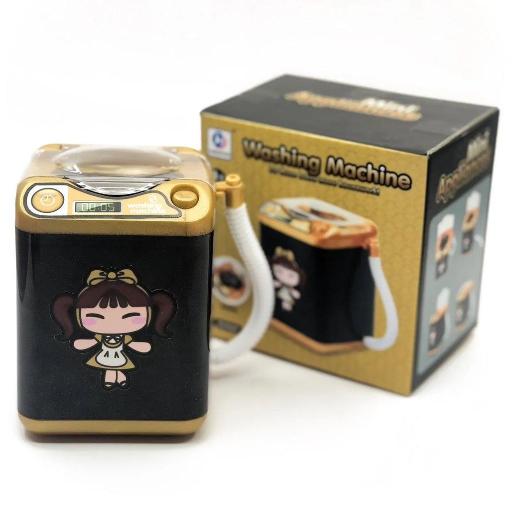 Mini electric puff washing machine toy in black gold or rose red, plastic simulation appliance for makeup brushes and socks