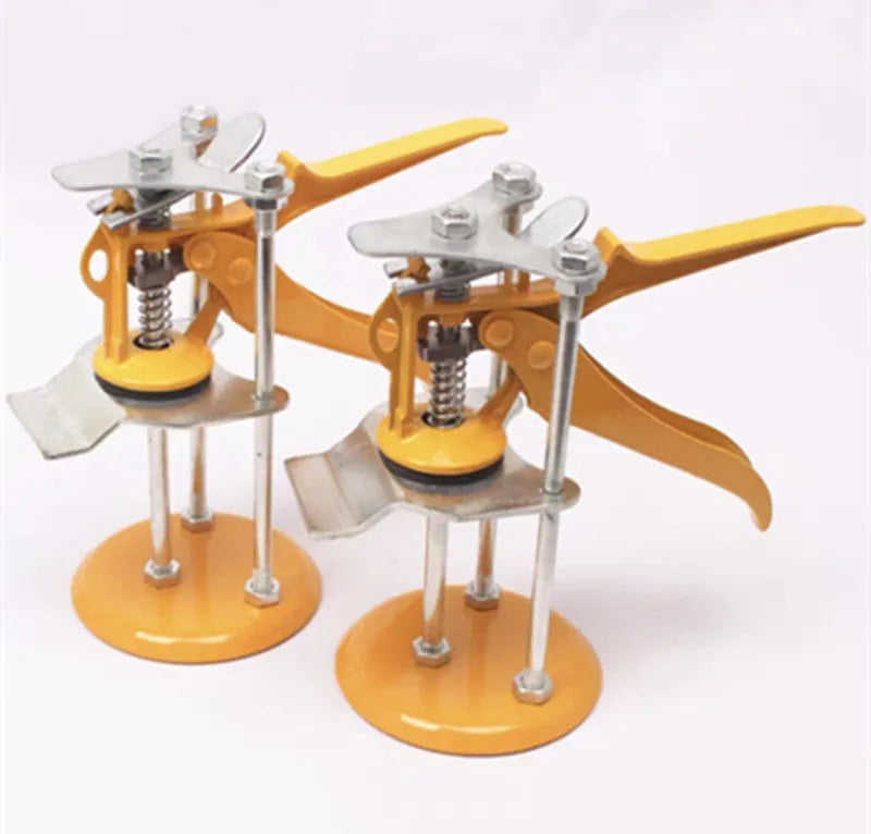 Metal alloy tile raising locator tool with adjustable height mechanism for levelling floor tiles.