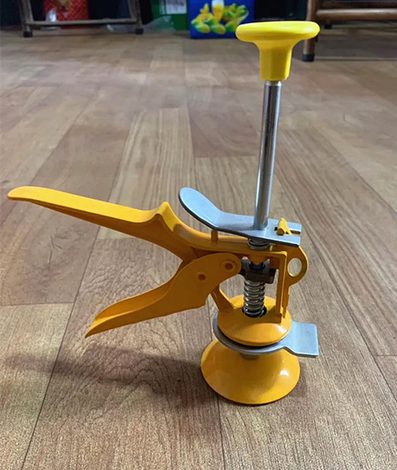 Metal alloy tile raising locator tool with adjustable height mechanism for levelling floor tiles.