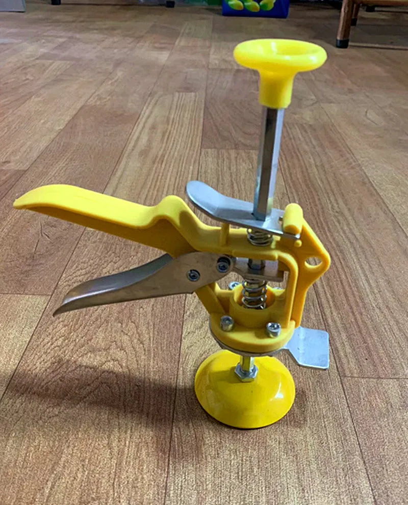 Metal alloy tile raising locator tool with adjustable height mechanism for levelling floor tiles.