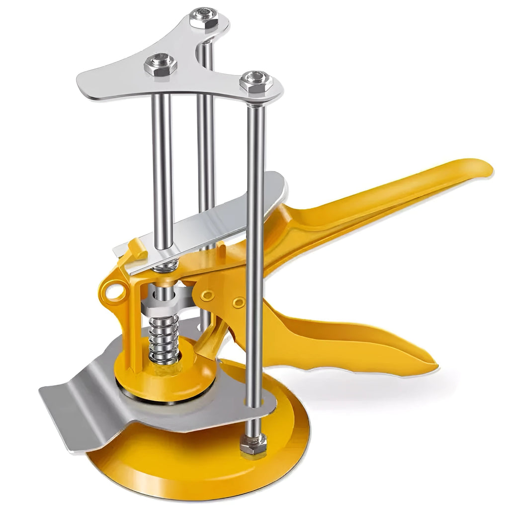 Metal alloy tile raising locator tool with adjustable height mechanism for levelling floor tiles.