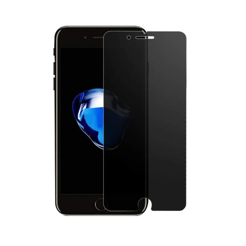 iPhone tempered glass screen protector with anti-peeping privacy feature shown on smartphone